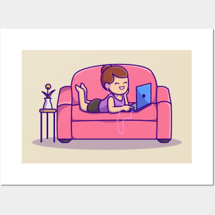 Cute Woman Listening Music On Laptop With Earphone Posters and Art